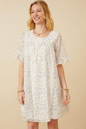 HK1878 Blue Mix Womens Light Floral Tulip Sleeve Dress Front